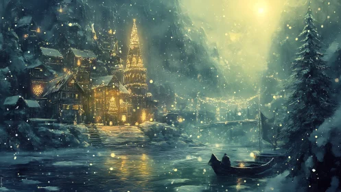 Cozy winter village aglow beside a quiet starlit river.
