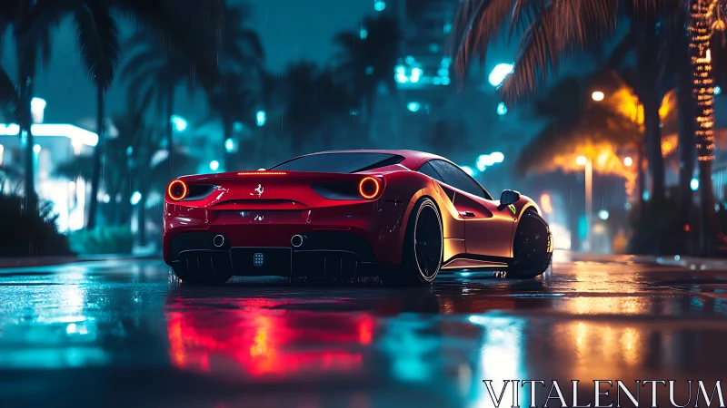 Red sports car on wet neon city street at night.