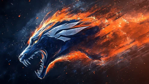 Fiery cyber dragon erupts through space in blazing motion