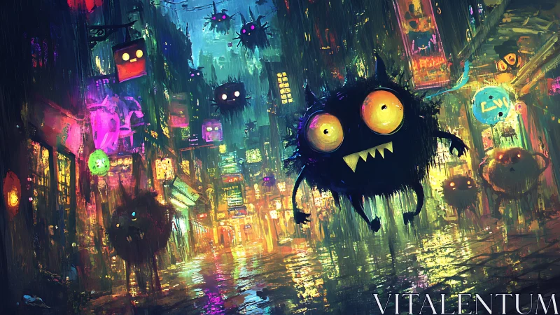 Cartoon monsters float through neon soaked rainy city street