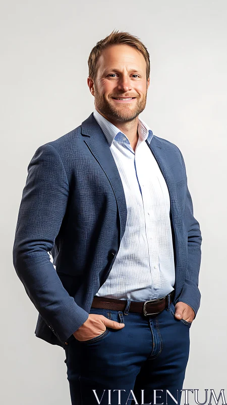 Portrait of adult male in blue suit against plain backdrop.