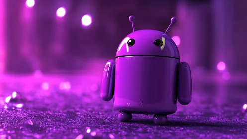 Purple glossy robot mascot in glowing bokeh scene.