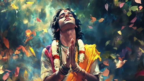 Devotional figure prays outdoors amid swirling colorful leaves