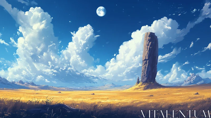 Lone stone monolith rises over golden plains beneath moonlit sky