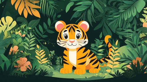Playful cartoon tiger cub sits in lush jungle foliage.