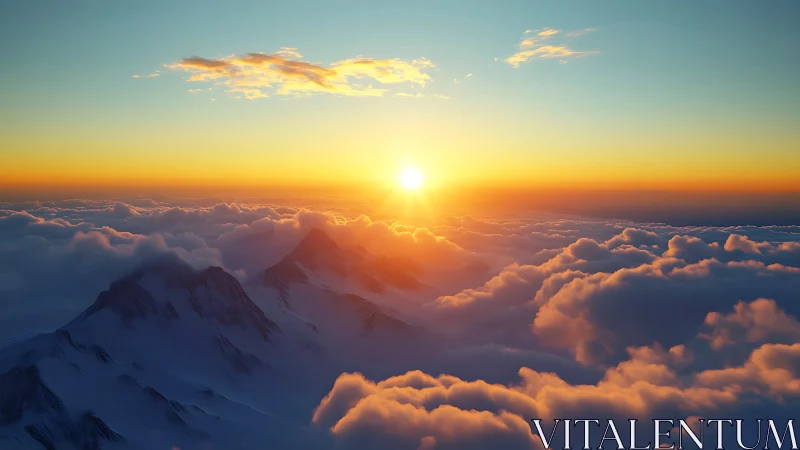 Sunrise illuminates high mountain peaks above dense clouds