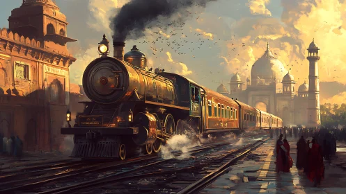 Steam locomotive traversing luminous Mughal rail corridor.