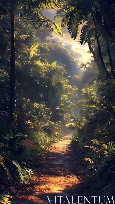 Luminous tropical canopy with radiant sunburst through dense rainforest