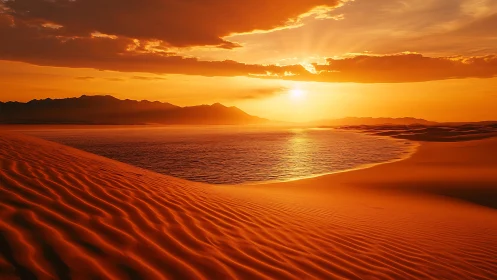 Low-angle desert lagoon sunset with high-contrast rippled dunes