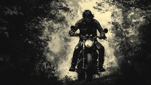 Motorcyclist riding through dense forest path in monochrome.