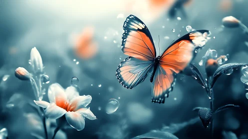 Glowing orange butterfly amid dewy teal blossoms at dusk.