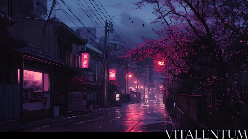 Pink evening rain paints a quiet cherry blossom street
