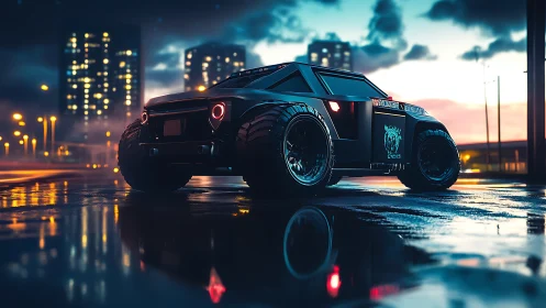 Neon storm truck prowls a rain-slicked cyber city night.