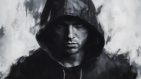 Monochrome hooded portrait with high-contrast chiaroscuro rendering.