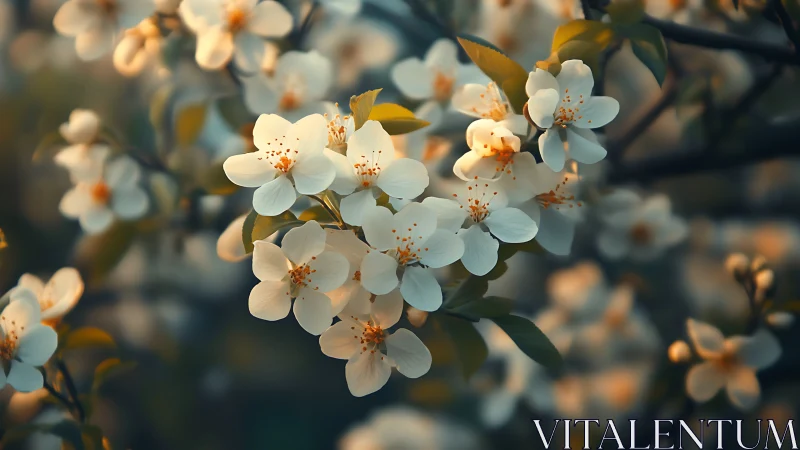 White flowering tree blossoms in golden sunlight