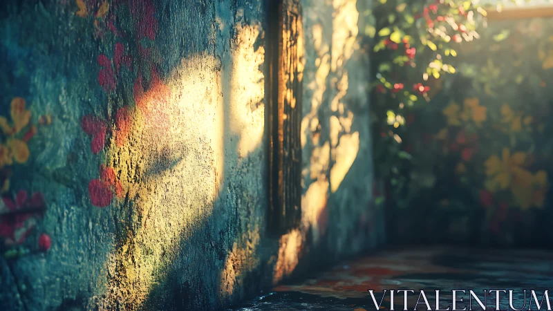 Photorealistic floral wall with raking sunlight and shadows.