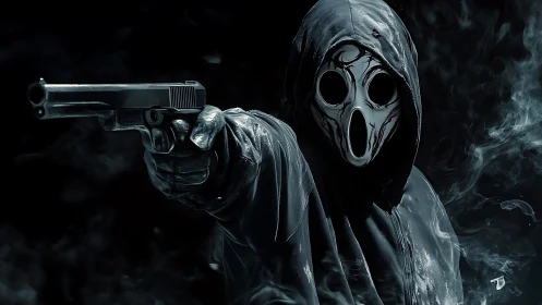 Masked gunman in hooded cloak emerging from dark smoke.