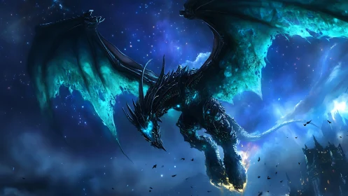 Star-eaten dragon erupts from midnight skies above cursed citadel