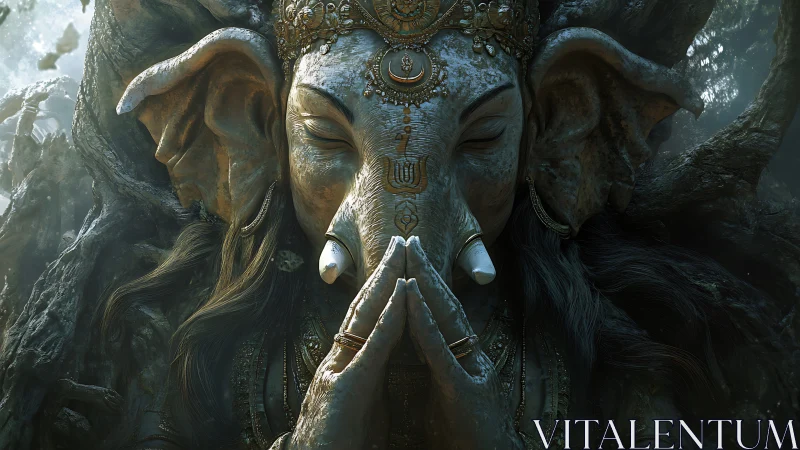 Elephant headed stone figure with folded hands in forest setting.