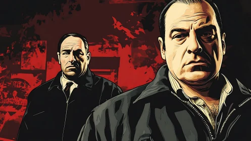 Two intense men stand against red noir crime backdrop