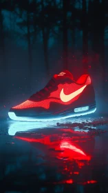 Luminous red running shoe with glowing sole in misty forest