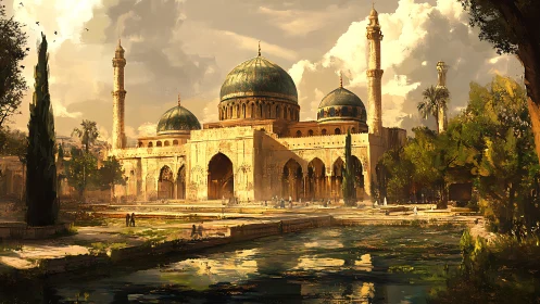 Golden courtyard beside tranquil domed riverside mosque.