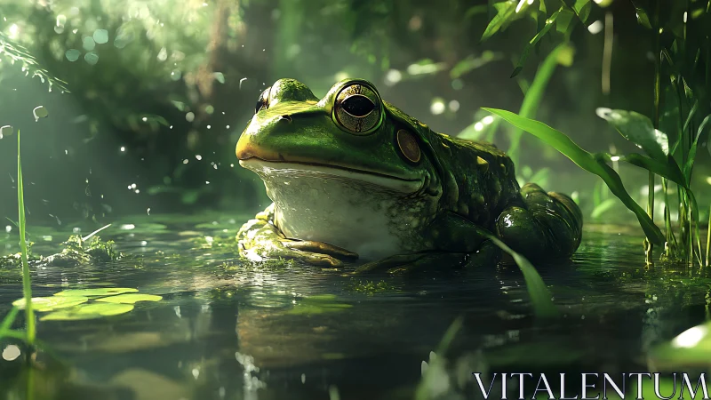 Pond king frog basking in emerald misty forest light.