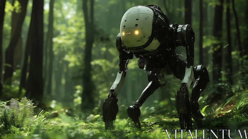 Quadrupedal reconnaissance robot surveying dense forest biome.