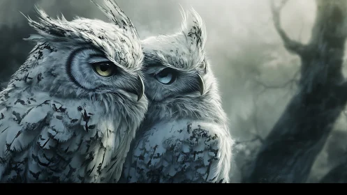 Two Majestic Owls in Mystical Forest, Digital Art Realism.
