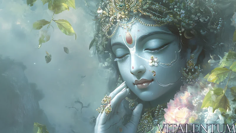 Serene blue-skinned deity portrait with floral adornments.