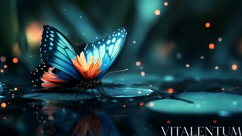 Luminous blue butterfly rests on water in a dreamy twilight pond