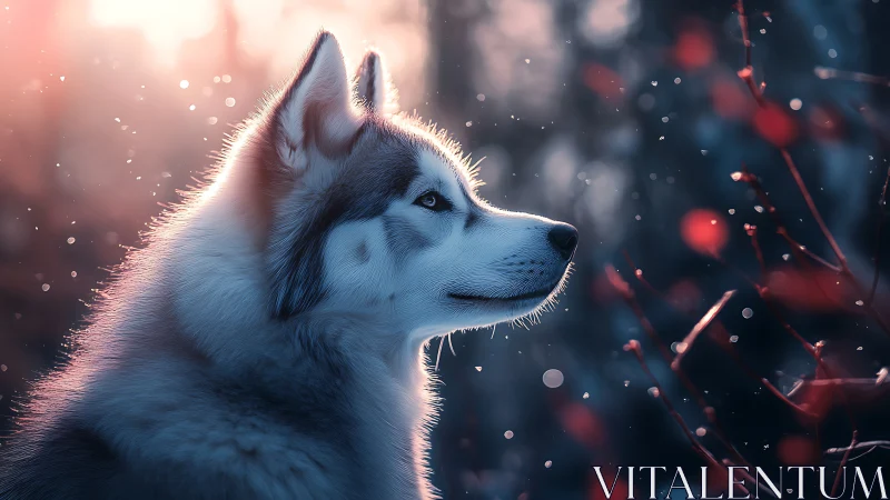 Luminous husky profile in shallow-depth winter bokeh field.