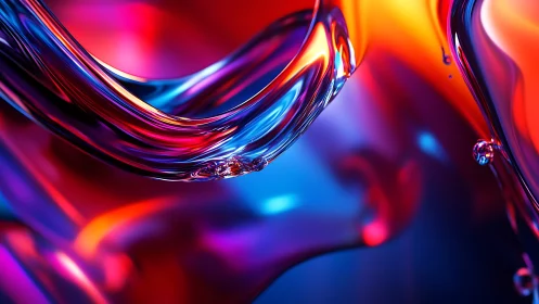 Luminous liquid ribbons flow through neon red and blue glow
