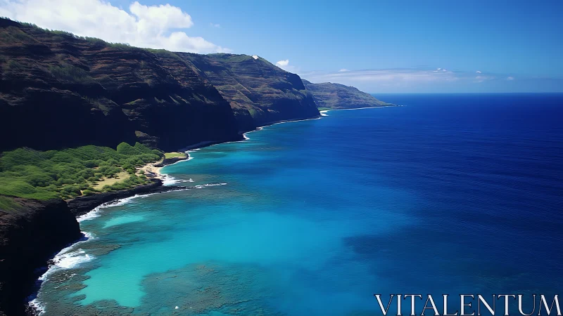 Coastal escarpment with stratified cliffs and cyan littoral waters.