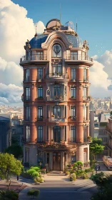 Ornate corner townhouse rises above sunlit city plaza