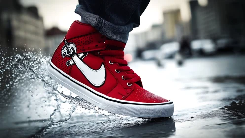 Crimson street sneaker slices through city rain in mid-stride