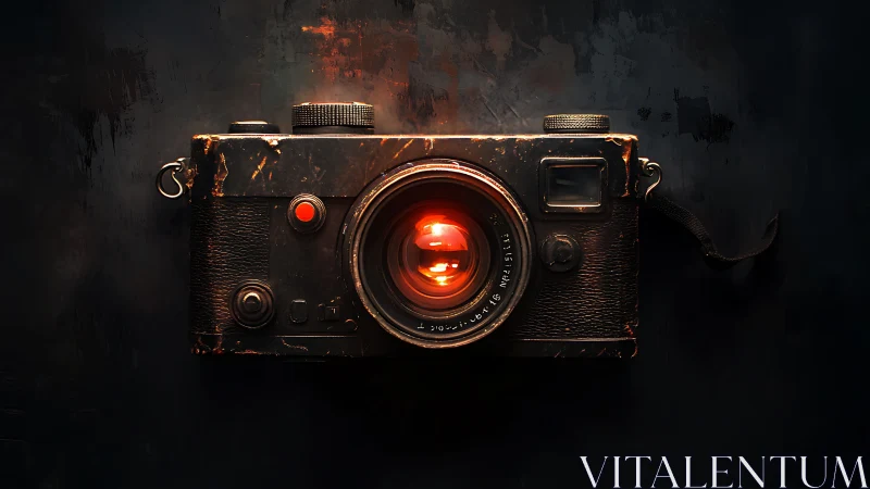 Vintage rangefinder camera glows with molten amber lens