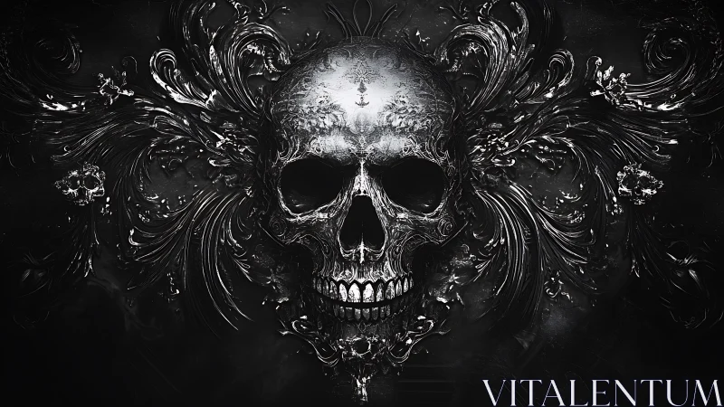 Baroque metallic skull emerges from swirling dark filigree.