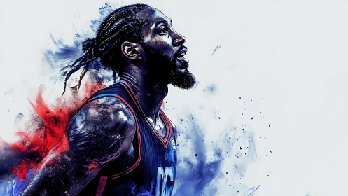 Digital portrait of basketball player in dynamic ink splash.