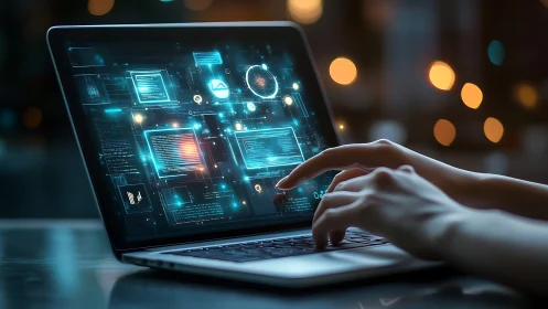 Cybernetic interface on laptop with holographic data overlays