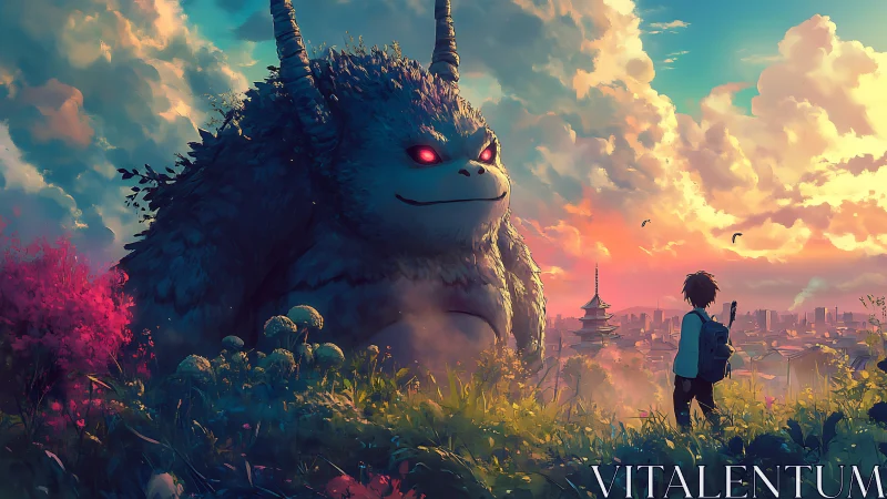 Sunlit encounter unites boy and horned forest beast above city