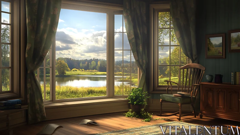 Country room interior overlooking bright riverside meadow.