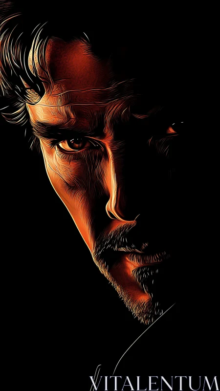 Moody portrait glows with bold highlights against deep shadow