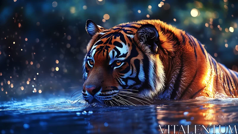 Midnight river tiger drifting through glittering twilight.