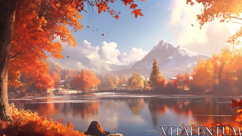 Autumn lake panorama beneath snowcapped alpine peak.