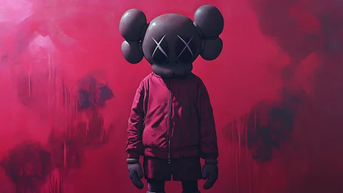 Monochrome vinyl mascot stands against textured crimson backdrop