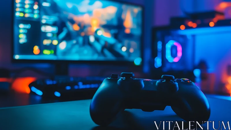 Gaming controller rests before neon-lit immersive PC setup