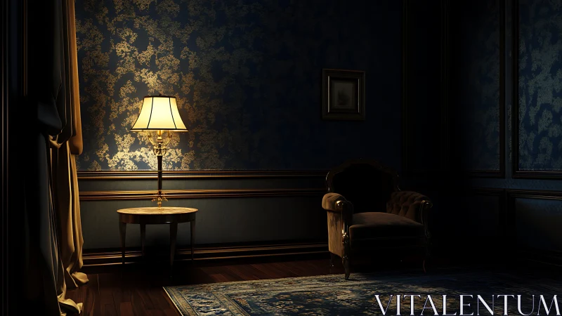 Dimly lit classic interior with armchair and side lamp.