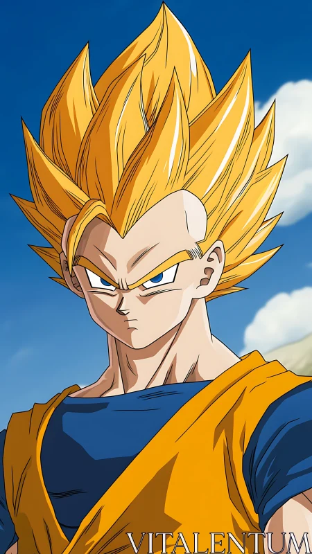 Blond spiky haired anime warrior in orange and blue gi.
