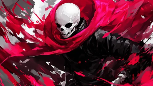 Skeletal figure in dynamic red fabric rendered with sharp digital strokes